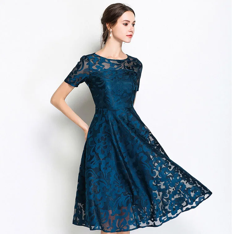 
summer high quality women navy blue lace dress 