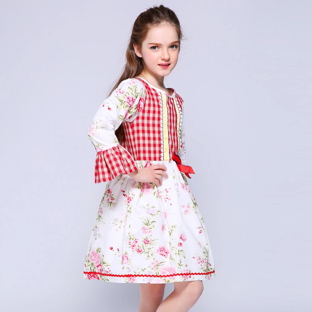 Kseniya Kids Pink Floral Plaid Patchwork Petal Sleeve Fancy Dress For Indian Girl Party Communion Girls Floral Dresses