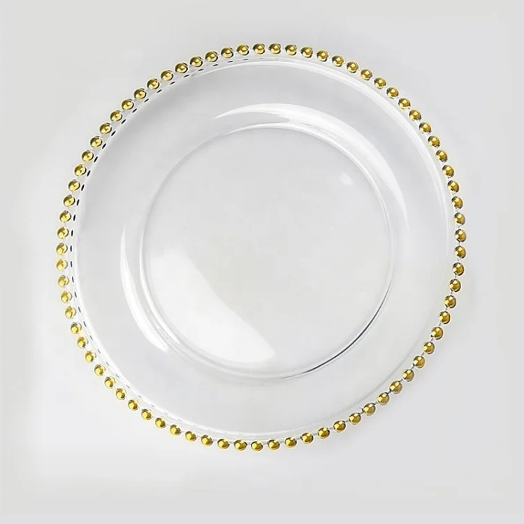 Wedding tableware gold beaded rim glass charger plate
