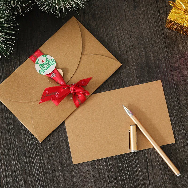 Wedding favor christmas Invitation Greeting gift Kraft Paper string tie Envelope brown packaging with Ribbon with love buckle