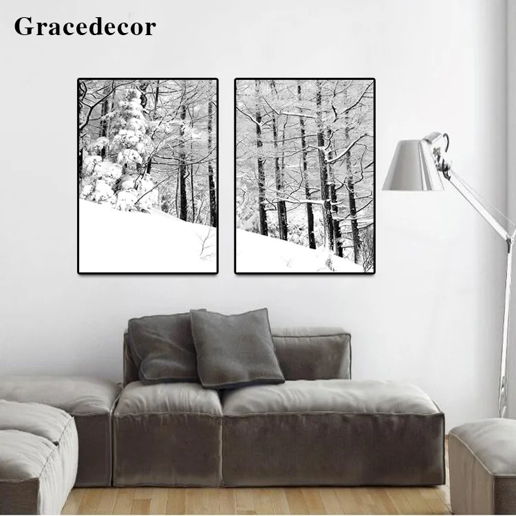 Winter Scene Art Oil Painting Black White Birch Trees Painting