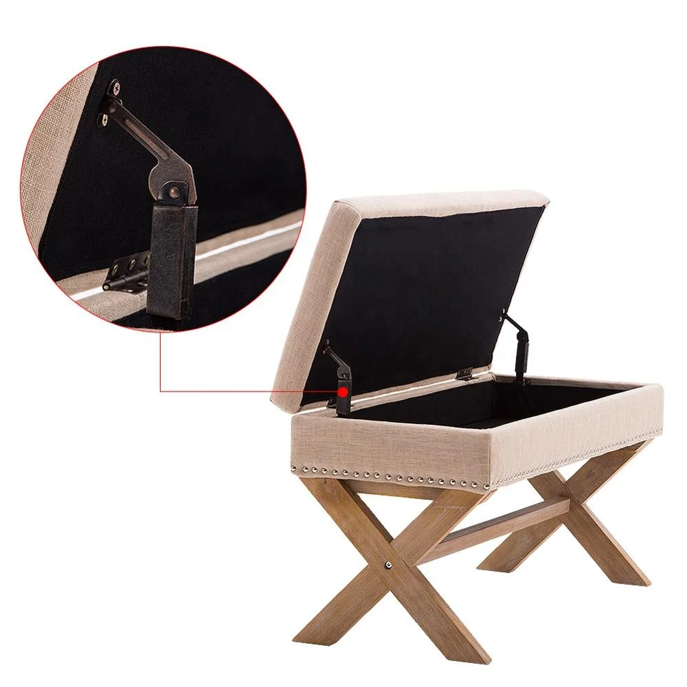 Wholesale Low Price Rubber Wood Legs Linen Fabric Rectangle Storage Ottoman Bench