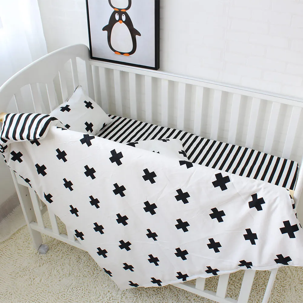 Plain color organic 100% cotton soft boy girl crib baby blanket quilt pillow cover 3 piece cot bedding set