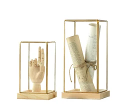 Hot selling Acrylic Desktop Decorative Square Gold Geometric Terrarium With Wooden Base