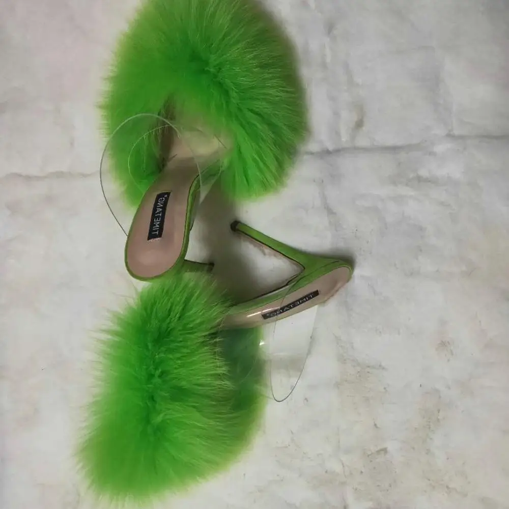 20 19 summer big and full fox fur heels fur slides custom color and big size ready to ship