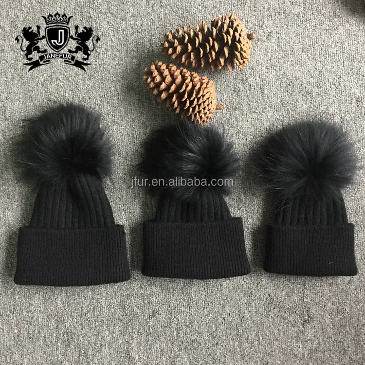 Wholesale Raccoon fur pom kids crochet angora beanie winter hat with top ball