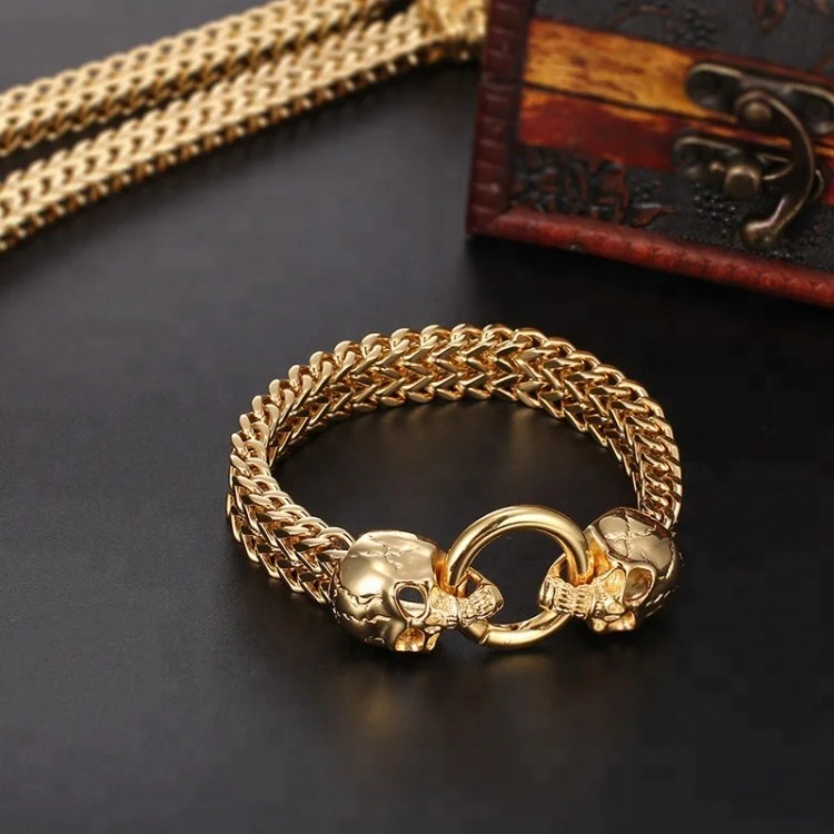 Cool punk 316l stainless steel real gold plated franco chain double lion head skull men bracelet