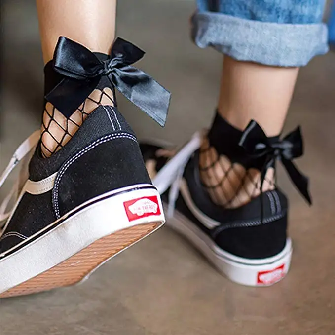 Милые женские черные сетчатые короткие носки до щиколотки сексуальные носки в сеточку с бантом