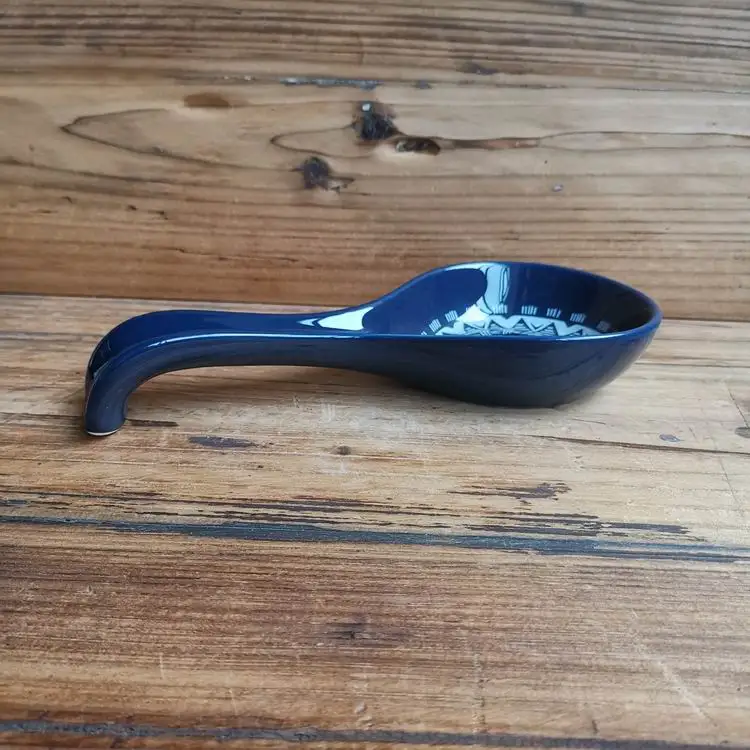 
European blue color with decal ceramic spoon rest kitchen ware hotel stoneware spoon holder 