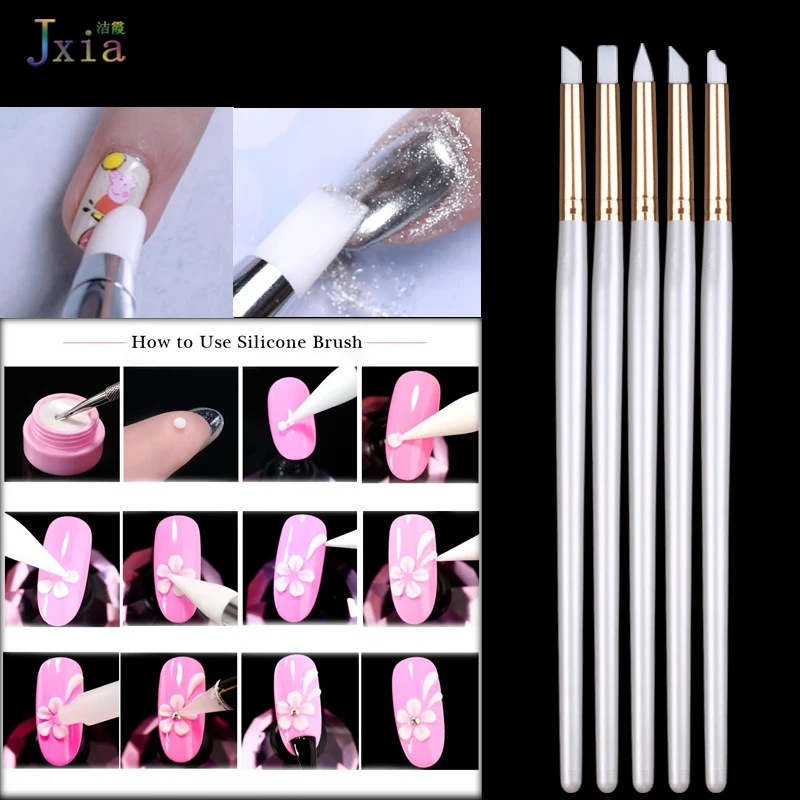 Jiexia 5Pcs/Set Small Size Nail Art Silicone Head Pen Clay Sculpture Carving Painting Brush Set