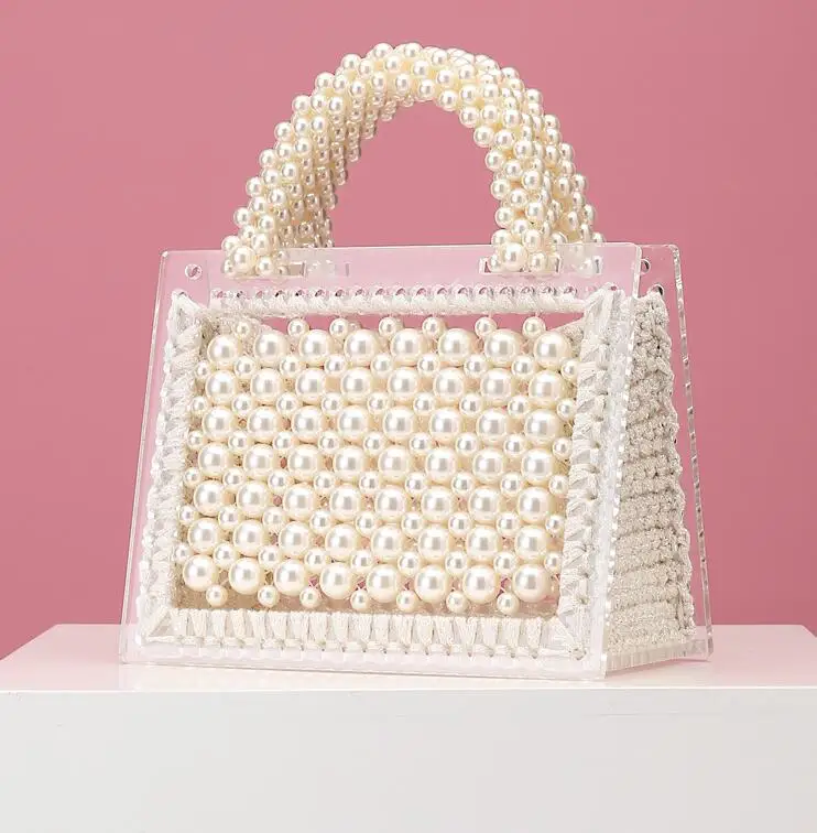 Luxury designer pearl bag clear transparent acrylic beaded box totes bag women party vintage woven handbag 2020 white pink