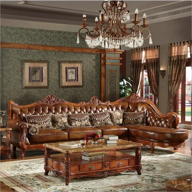 high quality European antique living room sofa furniture genuine leather set 10252