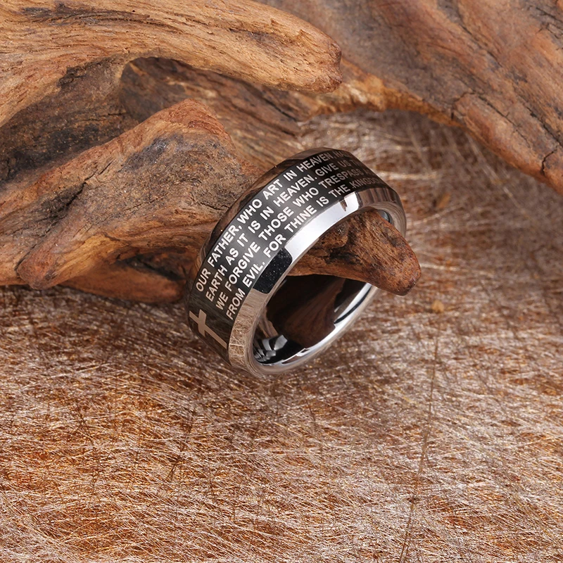 Christian Gift Accessories English Version Bible Jesus Cross Ring Tungsten Carbide Ring