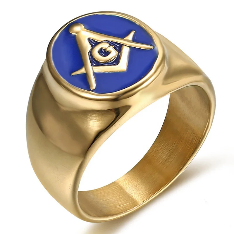 CWN Chinese Suppliers of Jewelry Titanium Steel Customized Signet Blue Enamel Knights Templar Gold Masonic Ring