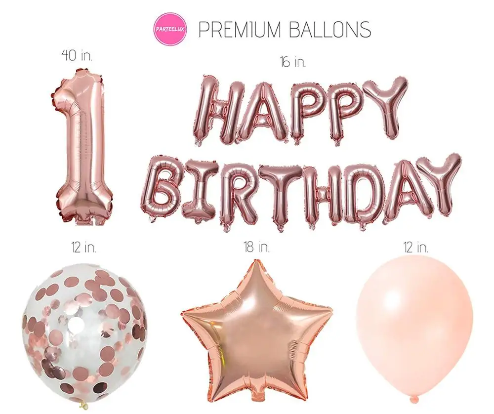 1st Birthday Decorations Girl 46 Pcs Bundle  Birthday Crown  1 Year Old Tutu  Rose Gold Theme One Cake Topper