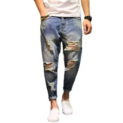 Summer ripped jeans men loose size torn nine cent pants south Korean version of the trend harem pants