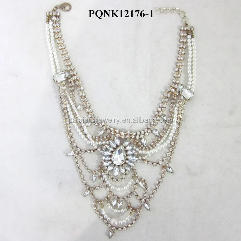 
Gold plated rhinestone crystal chains multi layer pearl large statement jewelry manufacturer china 