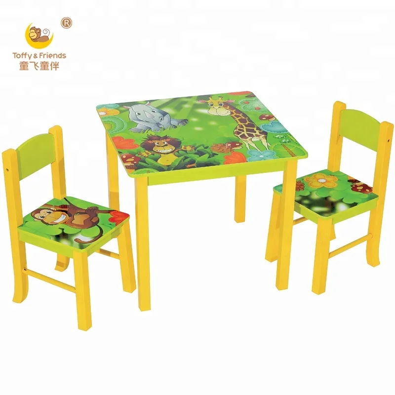 Toffy & Friends wooden kids square table two chairs set in Jungle design
