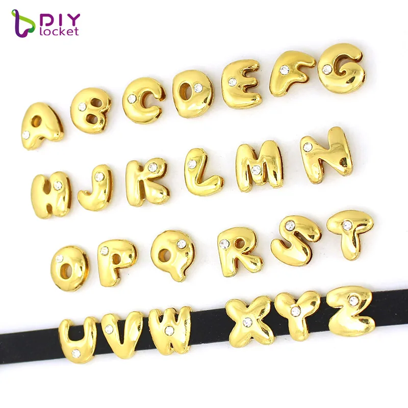 8MM Gold Color Rhinestone Alphabet Sliding Charm Slide Charms Wrist Strap Bracelet for Bracelets Making Accessories