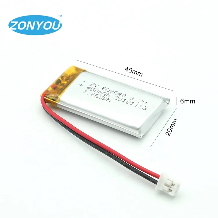 
Rechargeable Li-ion 1.67Wh 602040 3.7V 5V 450mAh Lithium Polymer Lipo Battery for Bluetooth Speaker 
