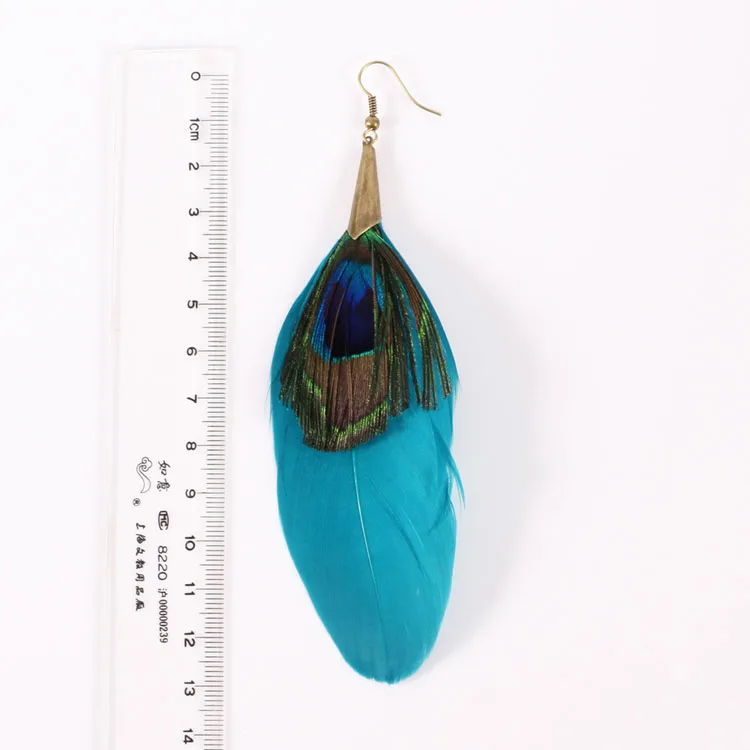 Fashion jewelry long blue peacock feather sexy earrings