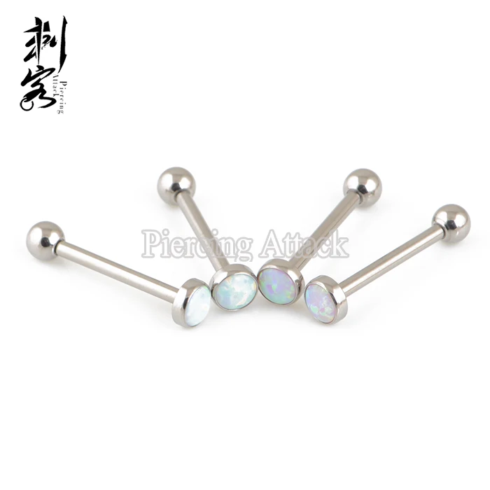 G23 Solid Titanium Internally Threaded Opal Tongue Piercing Ring