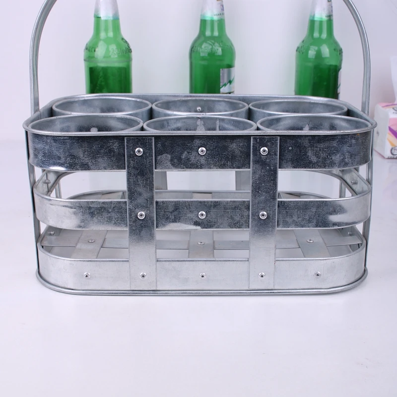 Galvanized Metal 6 Pack Beer Bottle Holder Metal Bottle Beer Carrier with Wooden Handle