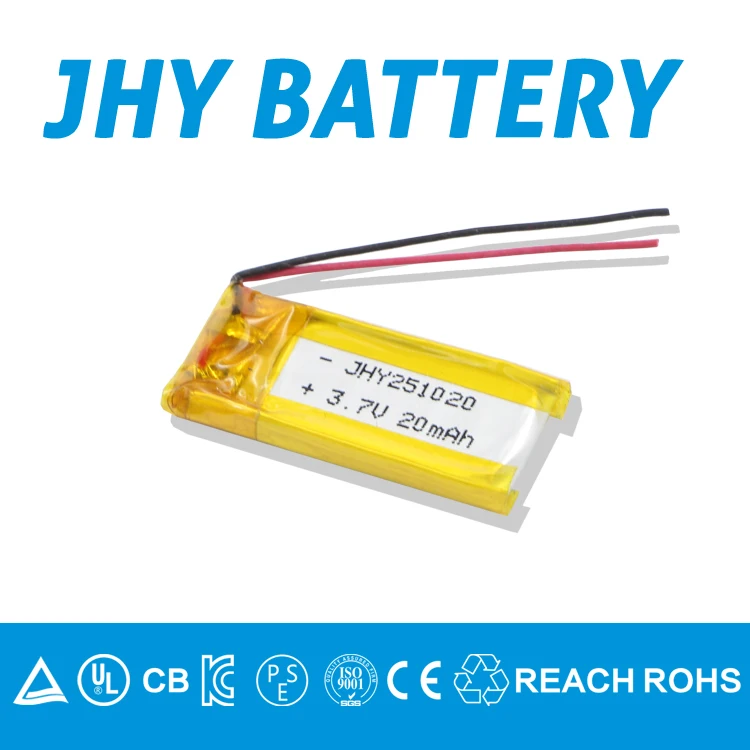 
3.7V flat 251020 20mAh heilcopter lithium battery with UL, UN, CE, CB, PSE, KC certificates 