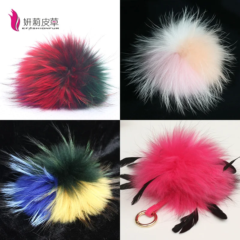 fashion colorful pompons fur ball 14cm  with snap  for decorate wholesale real raccoon fur pom pom