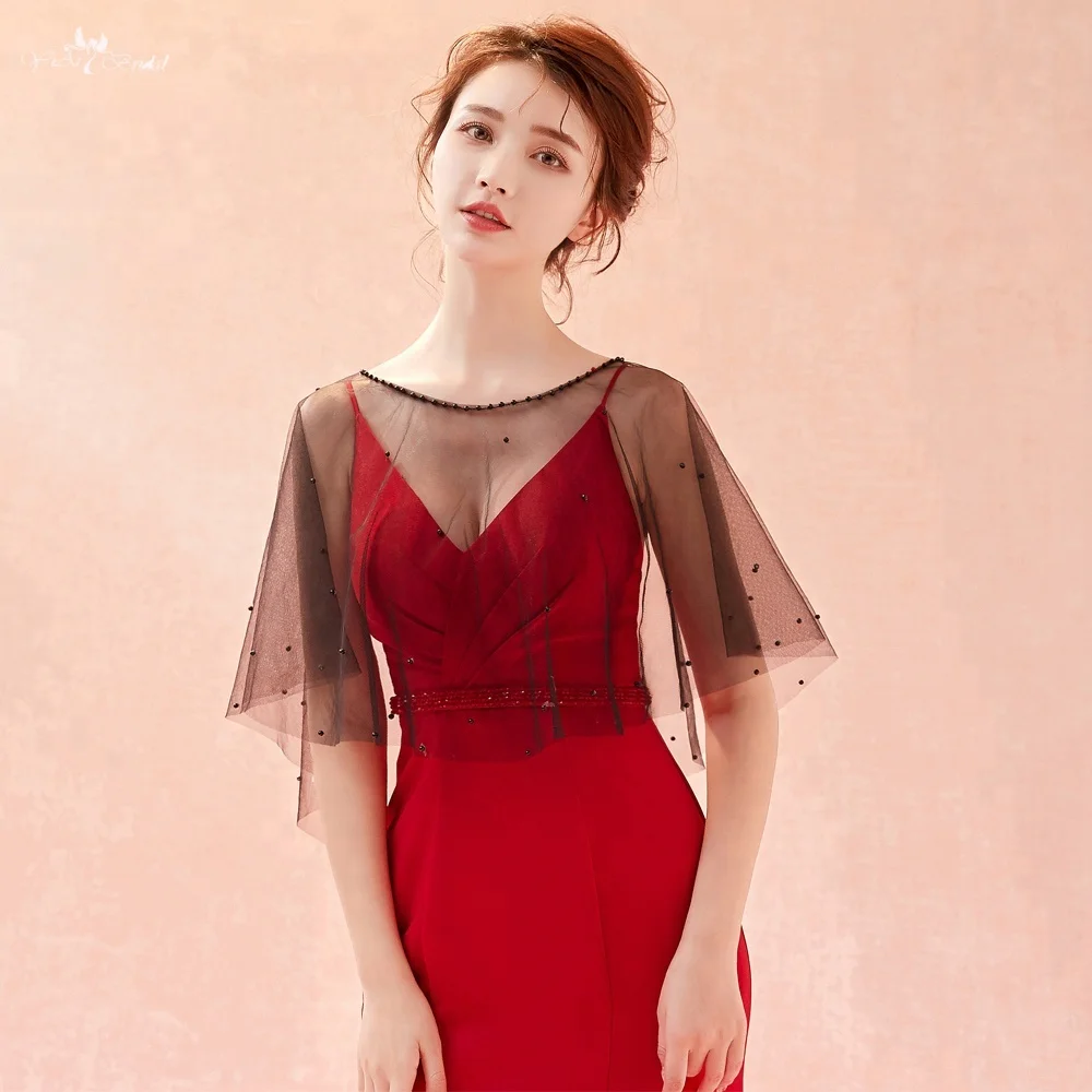 LZP275 Real Pictures Sexy Black Tulle Bridal Bolero Woman Boat Neckline Illusion Wedding Shawl