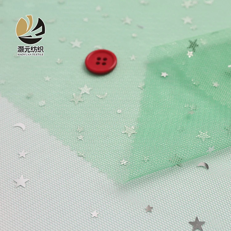 Светло-зеленый градиентный цвет 100 полиэстер Луна и звезда серебряные блестки тюль ткань для свадебного платья