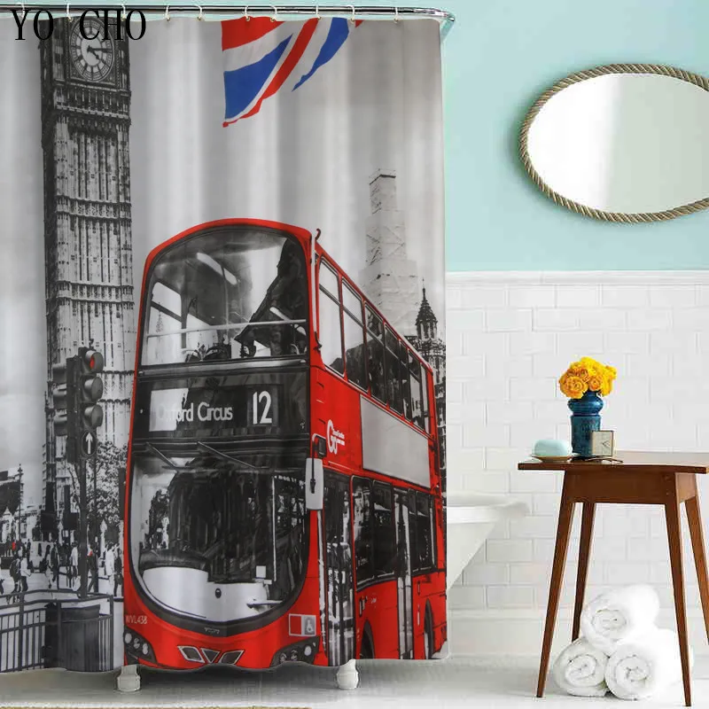 
wholesale finished London red bus shower curtains polyester eco-friendly polyester bathroom curtains Christmas bath decoration 