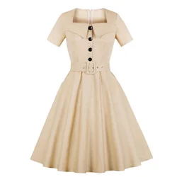 MXN-1658 Women Lady Big Girls Dresses Party Cocktail Vintage Swing Dress Square Neck Button Shirt Collared Belted Dress