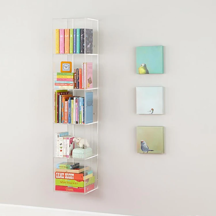 Custom Wholesale 5 Tier Wall Mounted Transparent Storage Display Rack Clear Acrylic Book Shelf