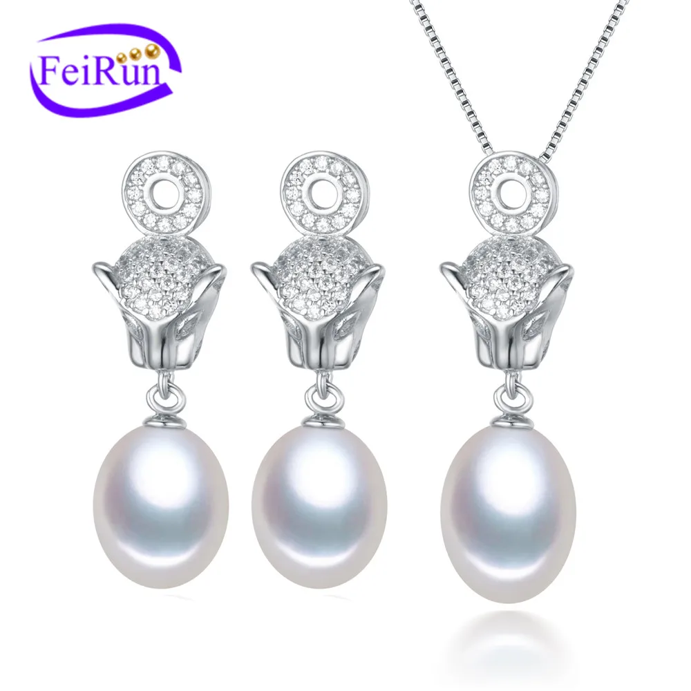 FEIRUN 8mm animal cute girl aaa pearl wedding set, big pearl necklace set, freshwater pearl jewelry set