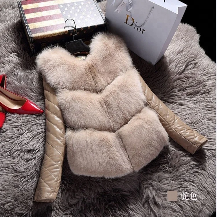 
Sexy girl short warm rabbit fur coat with PU sleeves 