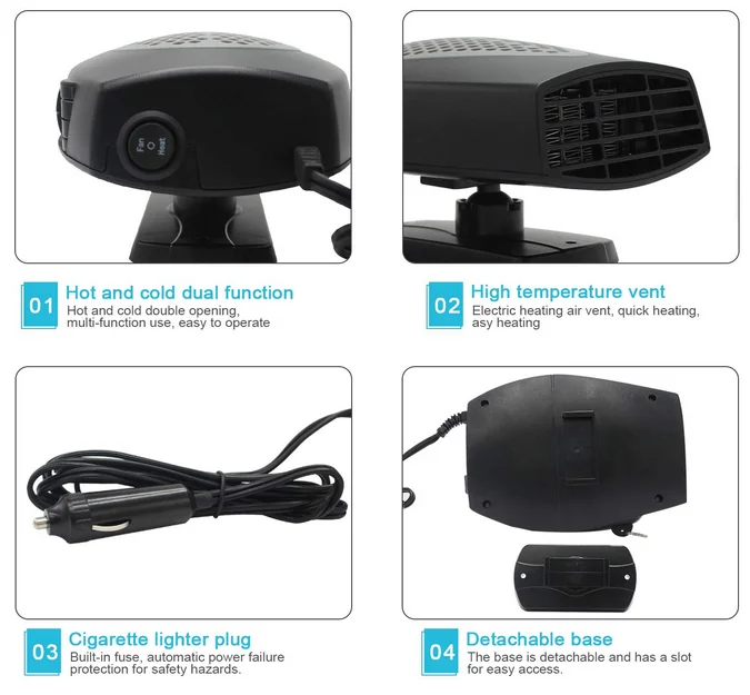 Portable Car Heater 12v Snow Removal Quickly Fan Automobile Warmer and Defroster with Swing-Out Handle 360 Degree Vehicle Swivel