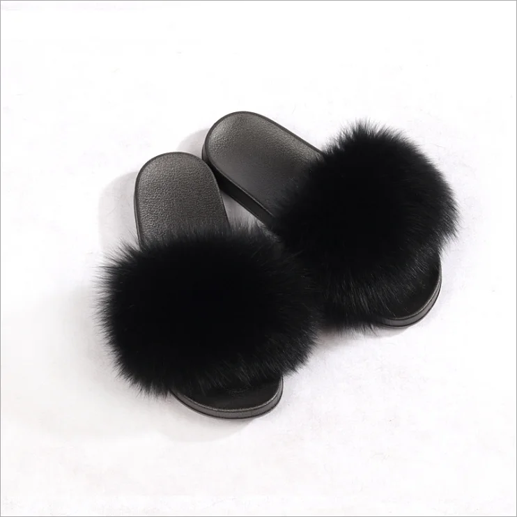 Hot sale girls fur slides Mink fox Fur Slides raccoon fur slippers for women
