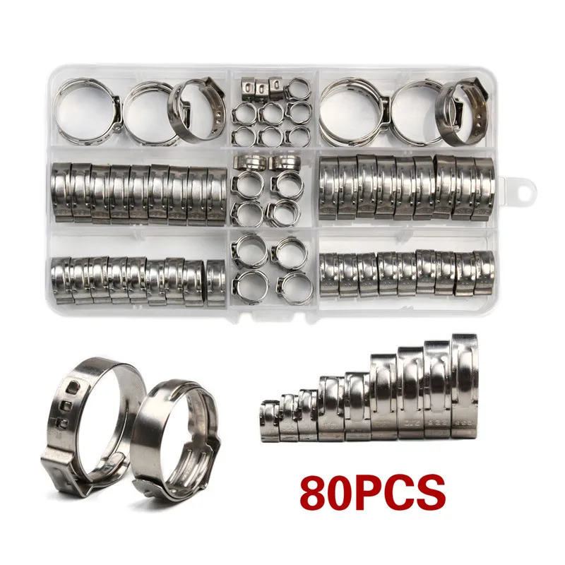 Urlwall 80PCS 304 stainless steel single ear hose clamp assortment kit 5.8-23.5mm hose clamp set