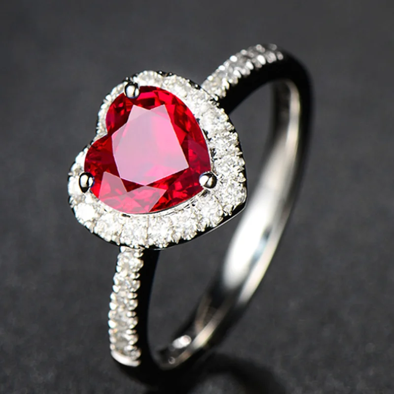 wholesale new fashion romantic 0.55ct red ruby natural gemstone 18k gold diamond jewelry heart ring for engagement wedding