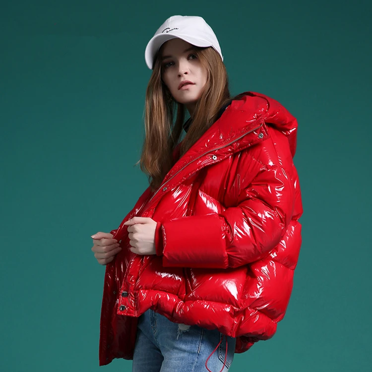 Wholesale Winter Jacket Women Fashionable Shiny Bubble Coat Short Sleeves Hooded Collar Waterproof Featuring Decorative Pocket