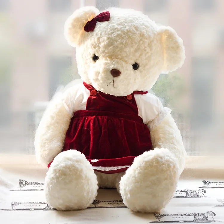 Plush Toy Couple White Bears in Dark Red Cloth/Soft Big Bear Toy Total Length 100cm/Soft Stuffed Bear Valentine Gift
