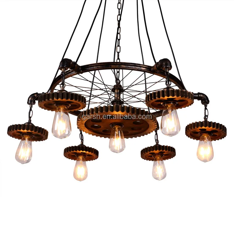 Vintage Wrought Iron Gear Wheel Rustic Chandelier
