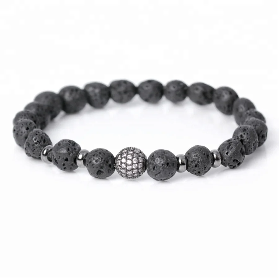 Bracelet Manufacturer Hot Sale 18K Gold Plating Micro Pave Black CZ Beads Bracelets, Men Bracelet Lava Stone Beads