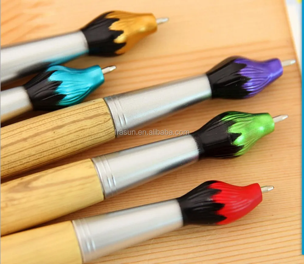 Paint brush shaped novelty wooden color plastic ball pen
