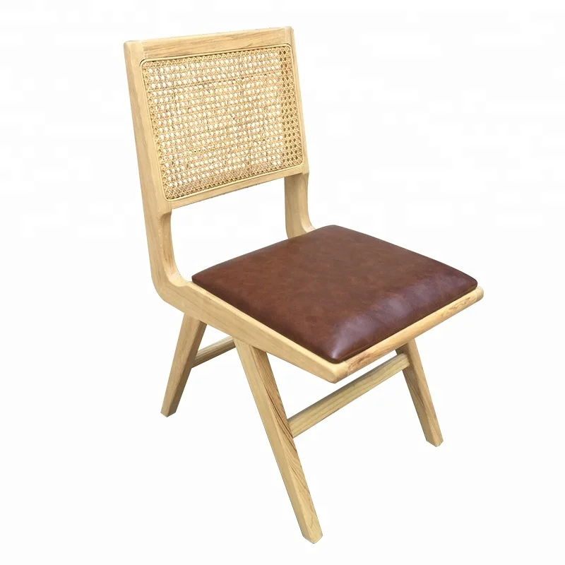 Nordic Coffee Shop French Rattan Cane Leather Wooden Dining Chair on Sale