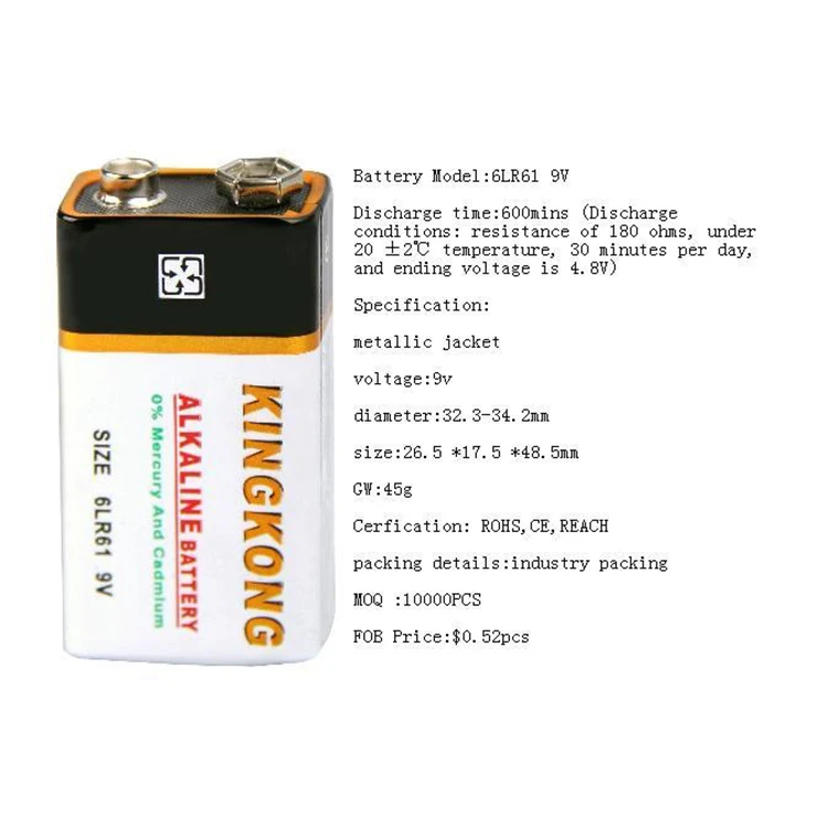 Shrink Wrap Extra Heavy Duty 9 Volt Batteries Zinc Battery 6F22 9v Dry Power Carbon Zn/mno2
