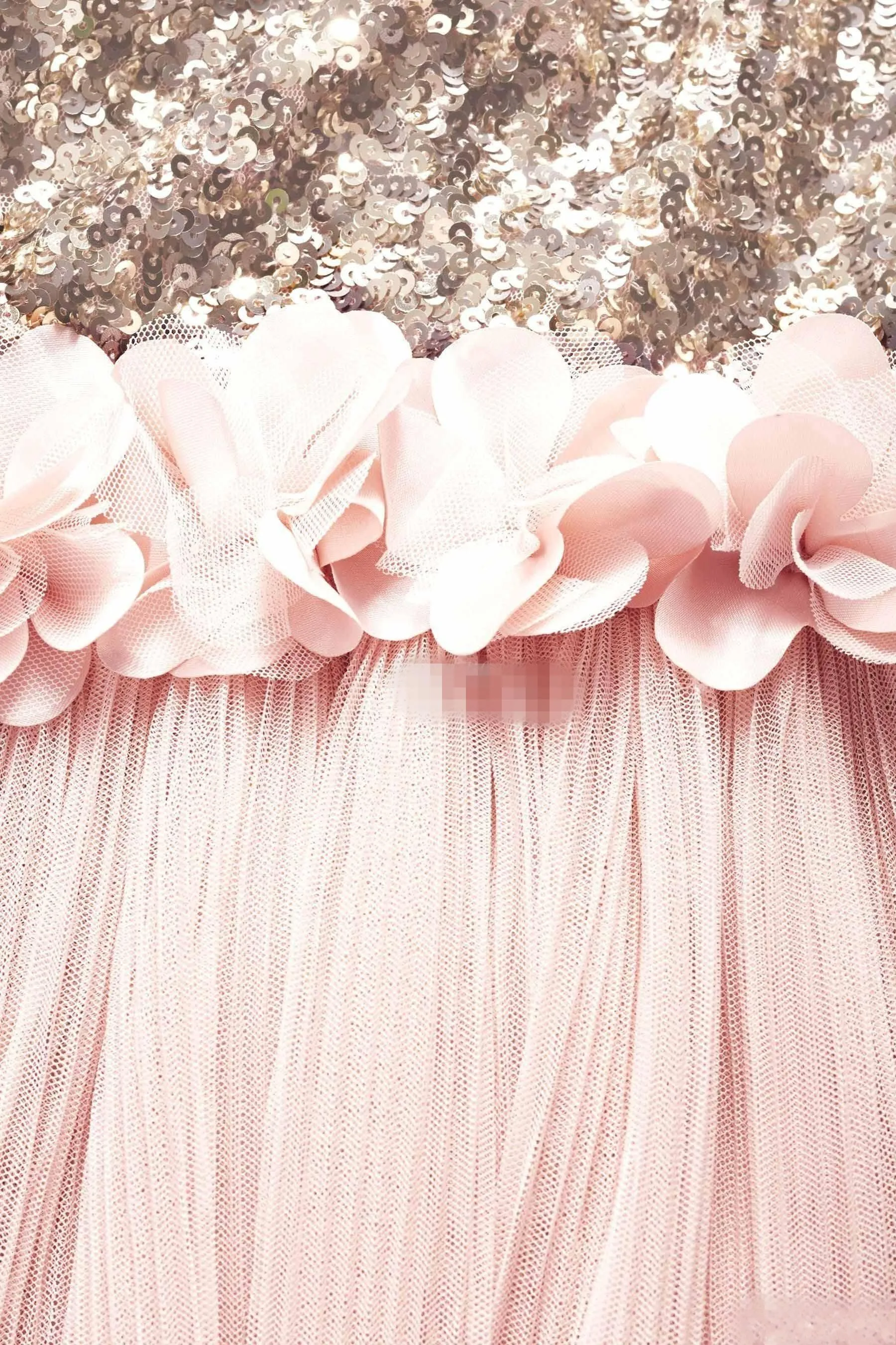 ZH0841X 2019 Blush Flower Girls Dresses Gold Sequins Hand Made Flower Sash Tea Length Tulle Jewel A Line Kids Formal Dress