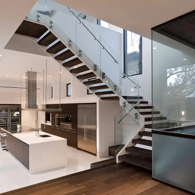 Stainless steel carbon steel stringer stairs interior wooden staircase wood step metal beam stairs curved staircase