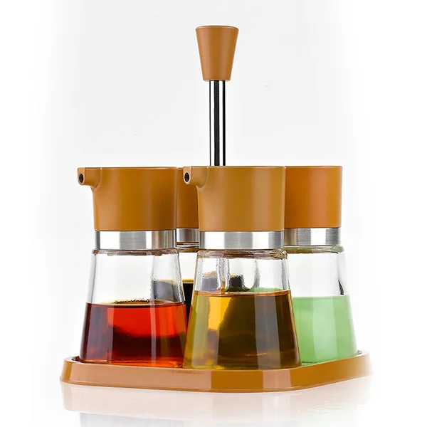 High Quality 4 Pieces Olive Oil and Vinegar Dispenser Bottle Set with Plastic Rack